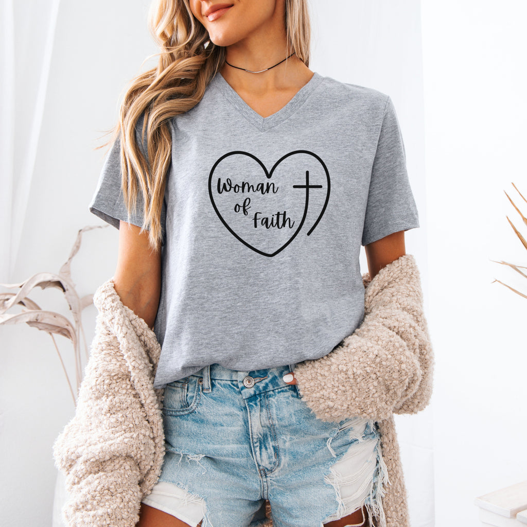 Woman Of Faith Heart Cross V Neck Tee