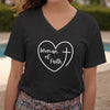 Woman Of Faith Heart Cross V Neck Tee