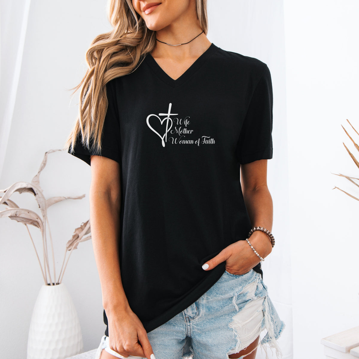 Wife, Mother, Woman Of Faith Cross Heart Scripture V Neck Tee