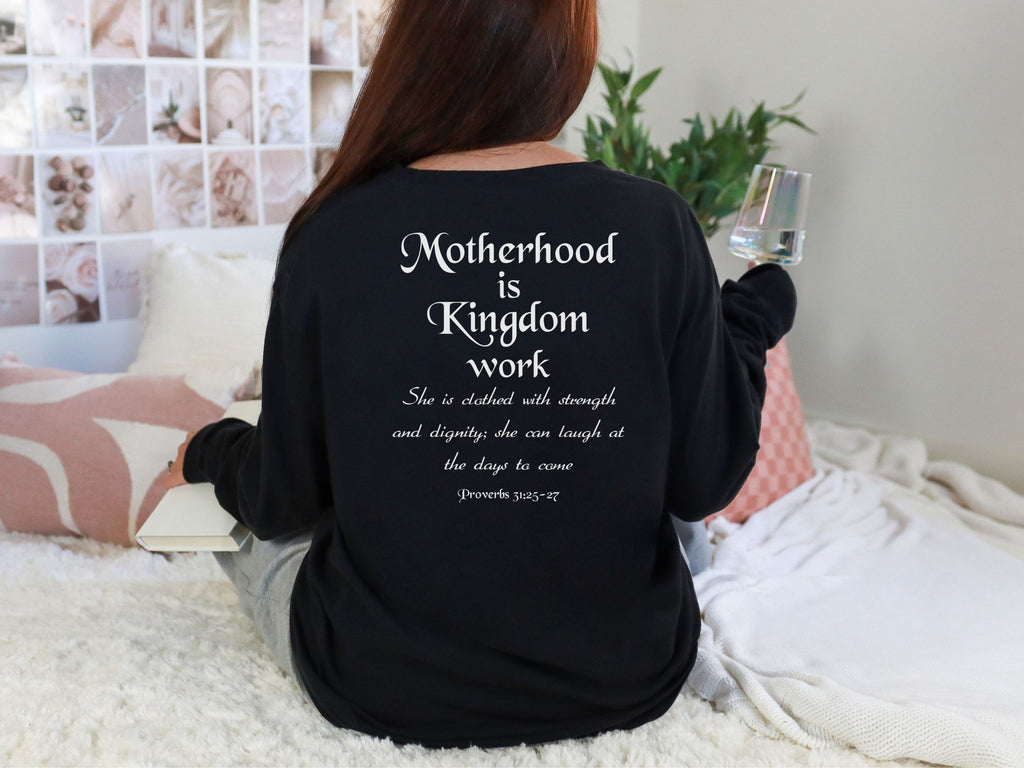 Motherhood Is Kingdom Work Comfort Colors Long Sleeve T Shirt, Christian Mom Shirt, Faith Based Mama Tee, Mother's Day Gift