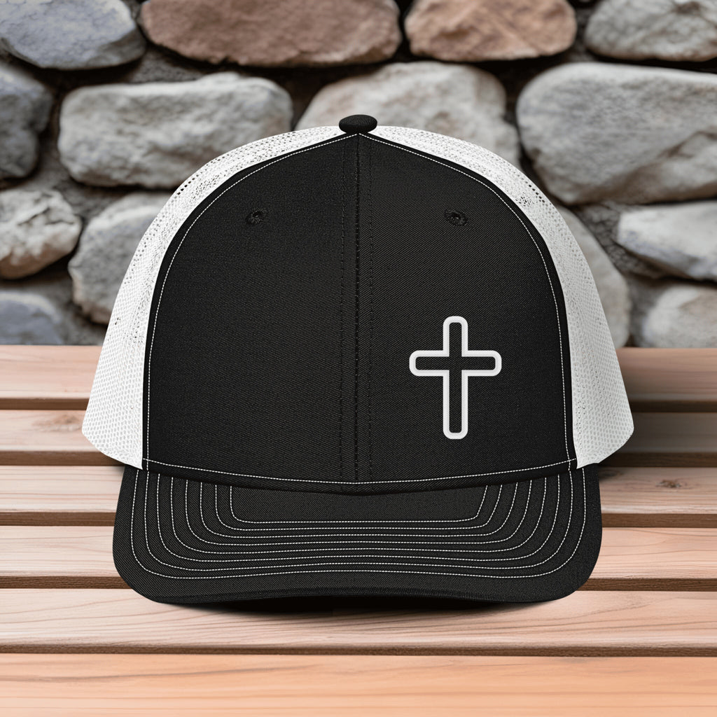 Cross Outline Embroidered Snapback Trucker Hat, Christian Cross Cap, Faith Based Hat, Jesus Trucker Hat, Christian Gift for Men and Women