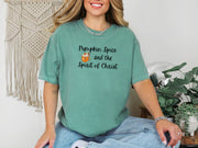 Pumpkin Spice Christian t-shirt in light green featuring a cozy fall design celebrating faith and autumn vibes.