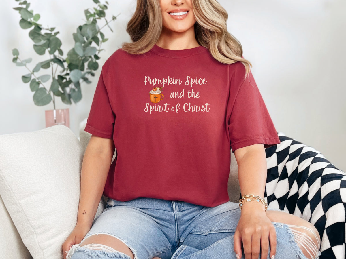 Pumpkin Spice and the Spirit of Christ T-Shirt in Chili color worn by a model, celebrating faith and autumn.