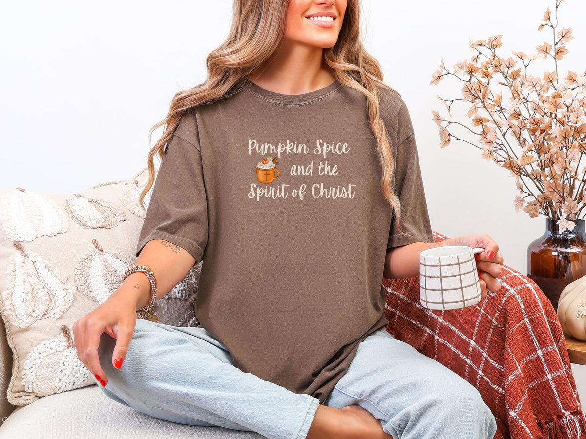 Pumpkin Spice Christian t-shirt in espresso with cozy fall vibe, featuring a comfy graphic design celebrating Jesus.