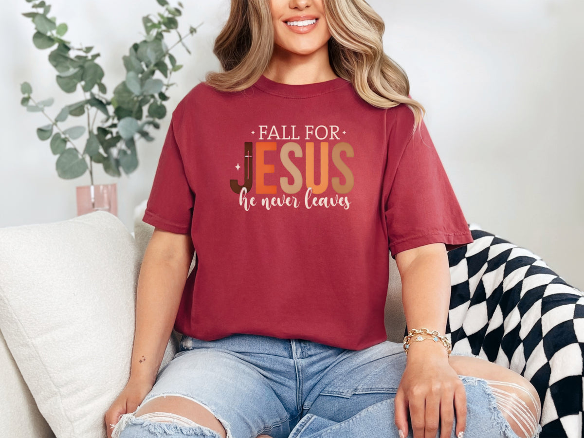 Fall for Jesus graphic tee in chili color worn by a model, featuring autumn-themed text and cozy fall vibes.