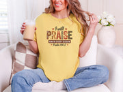 Woman in mustard I Will Praise Him in Every Season Comfort Colors T-Shirt, enjoying coffee; Christian graphic tee praise.