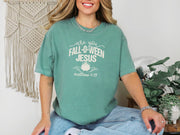 Are You Foll-o-ween Jesus t-shirt in light green, casual style, showcasing playful Christian message for Halloween.
