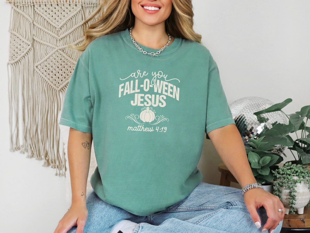 Are You Foll-o-ween Jesus t-shirt in light green, casual style, showcasing playful Christian message for Halloween.