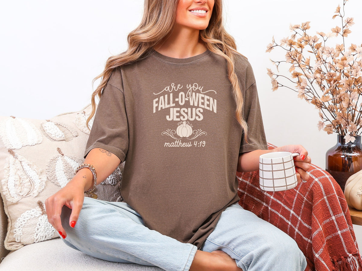 Are you Foll-o-ween Jesus t-shirt in espresso color, perfect for Halloween celebrations and expressing faith.