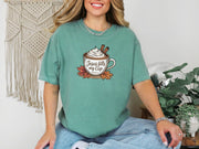 Jesus Fills My Cup t-shirt in light green color featuring coffee cup graphic and fall leaves.