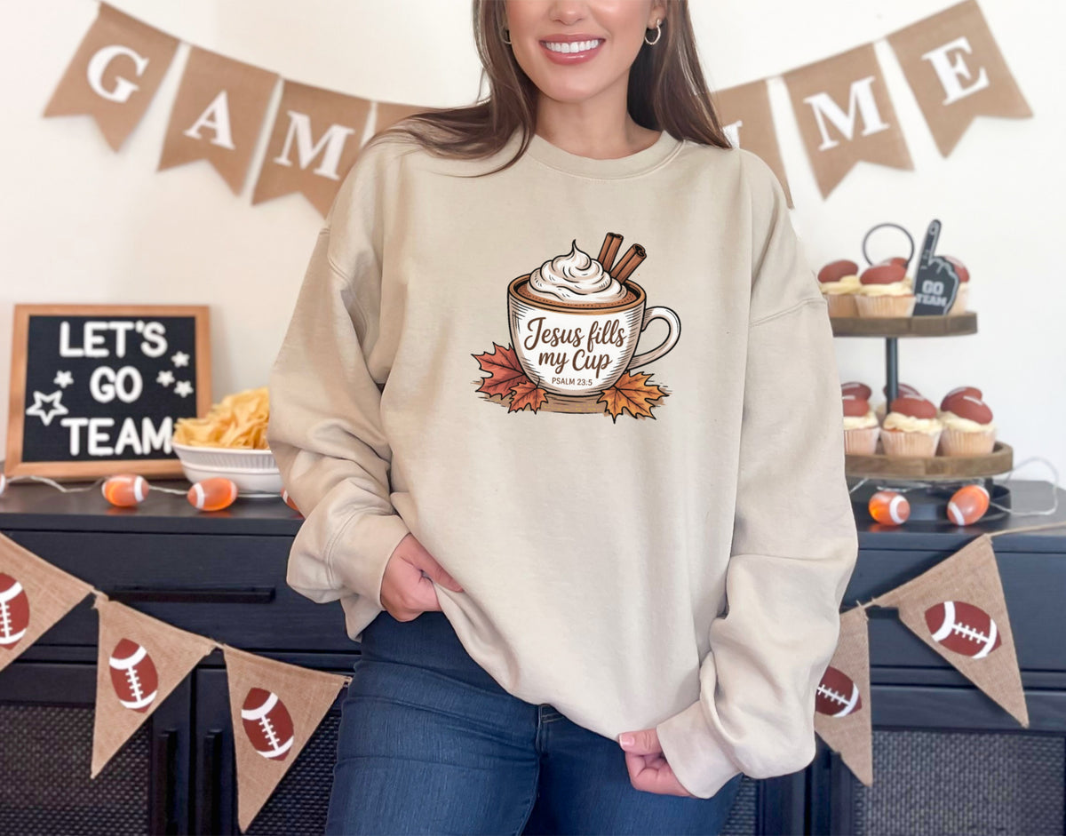 Jesus Fills My Cup Crewneck Sweatshirt in Sand color, a Christian sweatshirt with faith message perfect for daily wear.