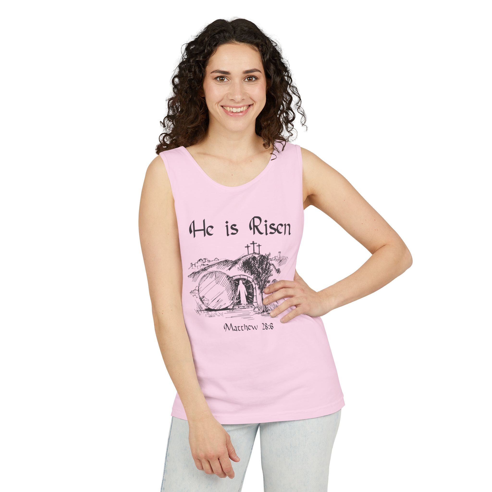 He Is Risen Unisex Relaxed Fit Tank Top, Christian Church Apparel, Easter Sunday Clothing, Faith-Based Graphic Tee