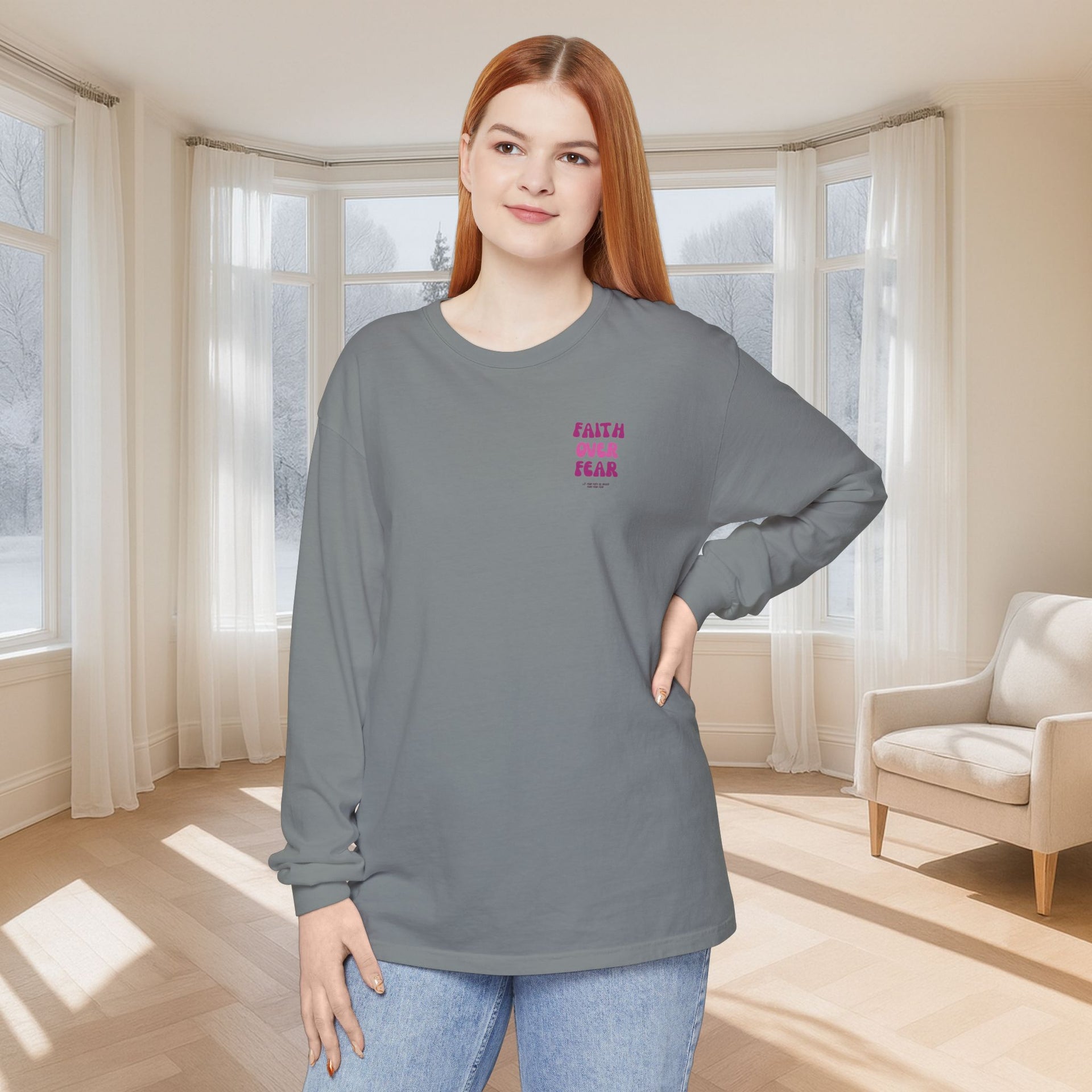 Faith Over Fear Pink Unisex Relaxed Fit Long Sleeve T-Shirt - My Faith My Father