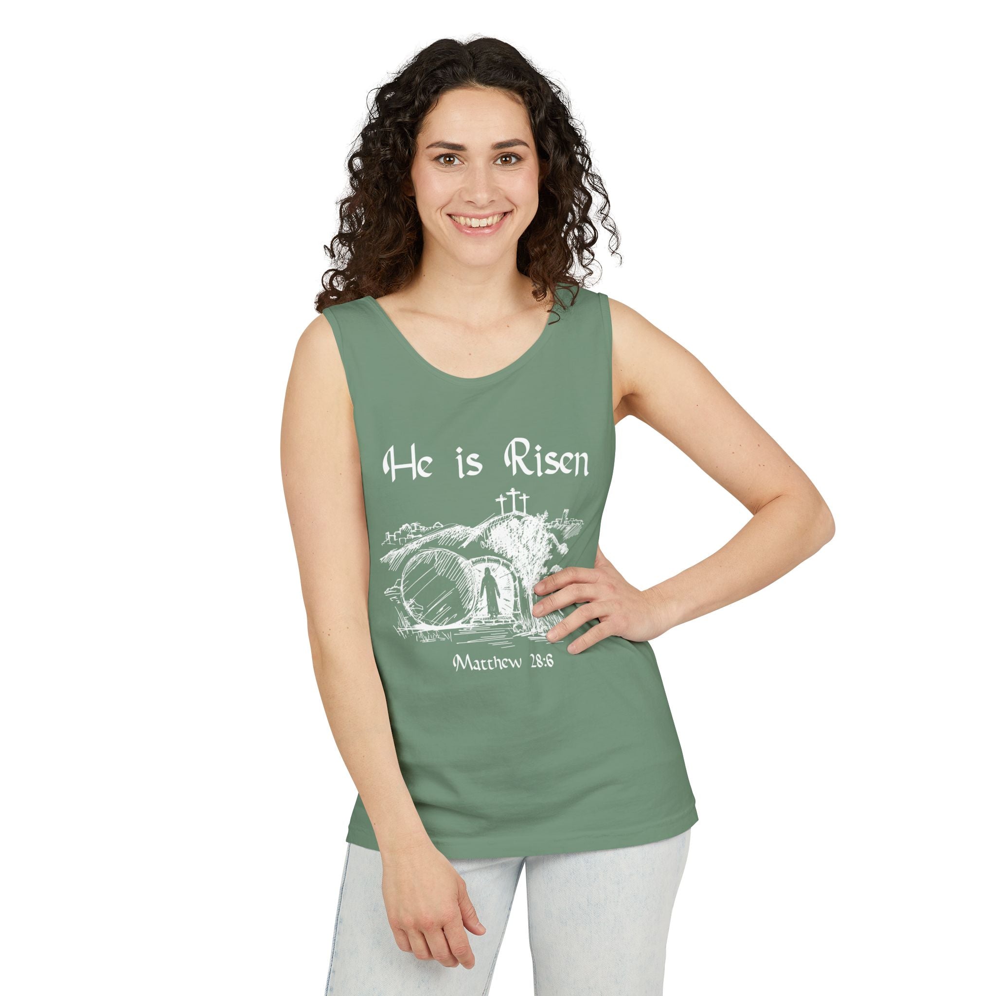 He Is Risen Unisex Relaxed Fit Tank Top, Christian Church Apparel, Easter Sunday Clothing, Faith-Based Graphic Tee