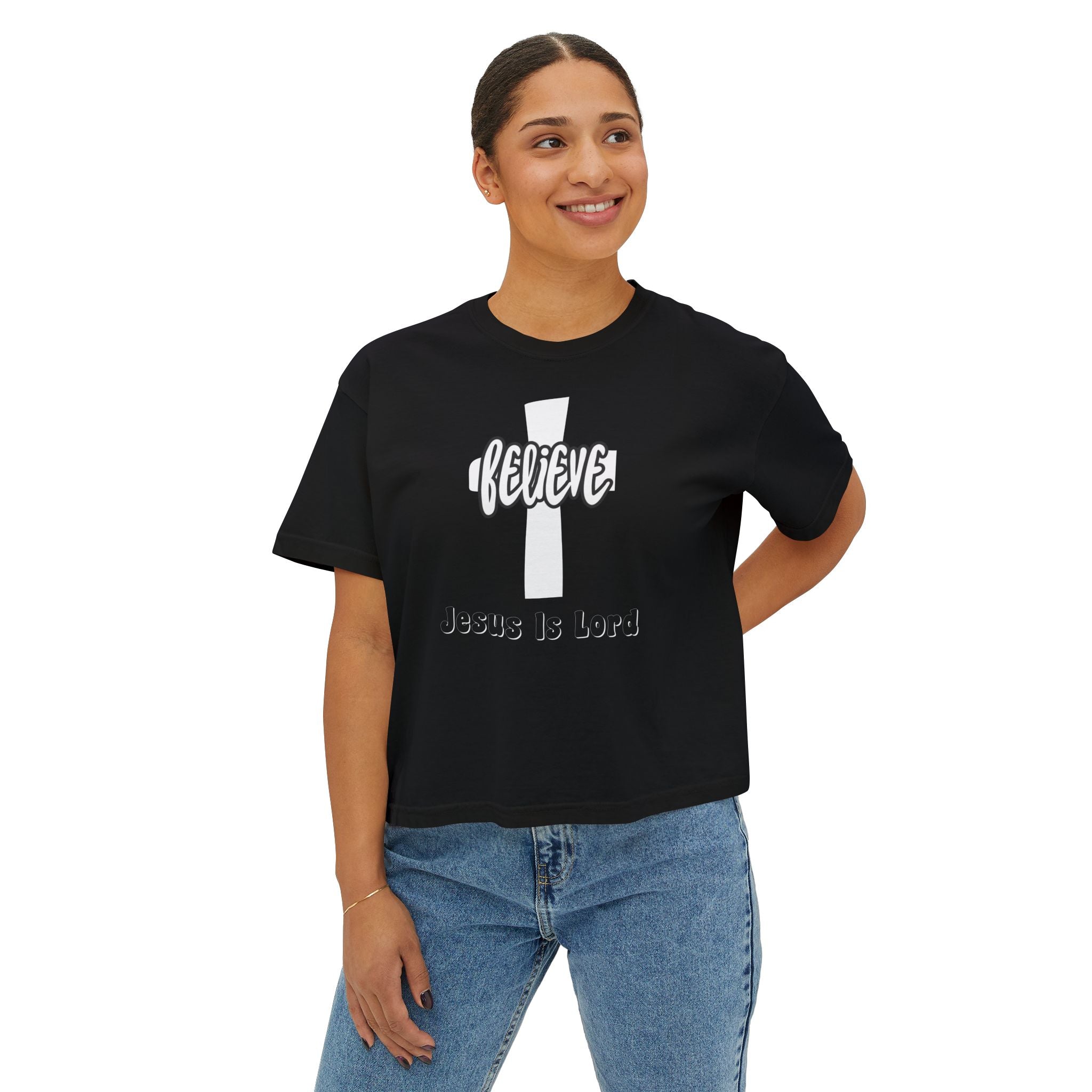 Believe Jesus Is Lord Women's Boxy Tee, Christian T-Shirt, Trendy Faith Apparel, Believer's Gift, Casual Cross Tee, Everyday Wear