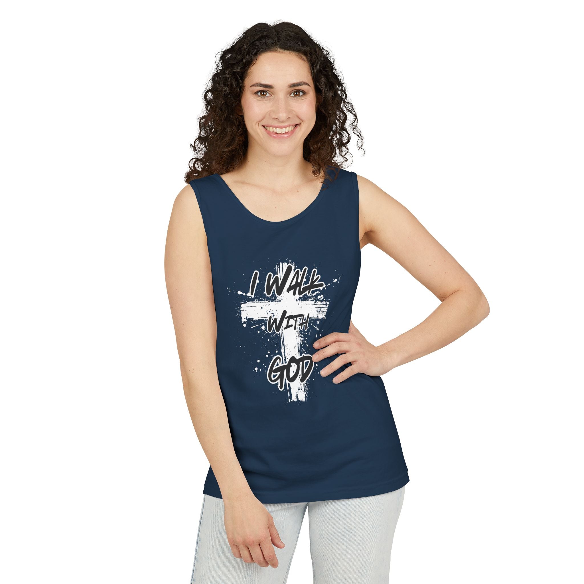 I Walk With God Unisex Relaxed Fit Tank Top, Christian Muscle Tee, Spiritual Sleeveless Shirt, Faith Workout Top, Inspirational Gym Tank