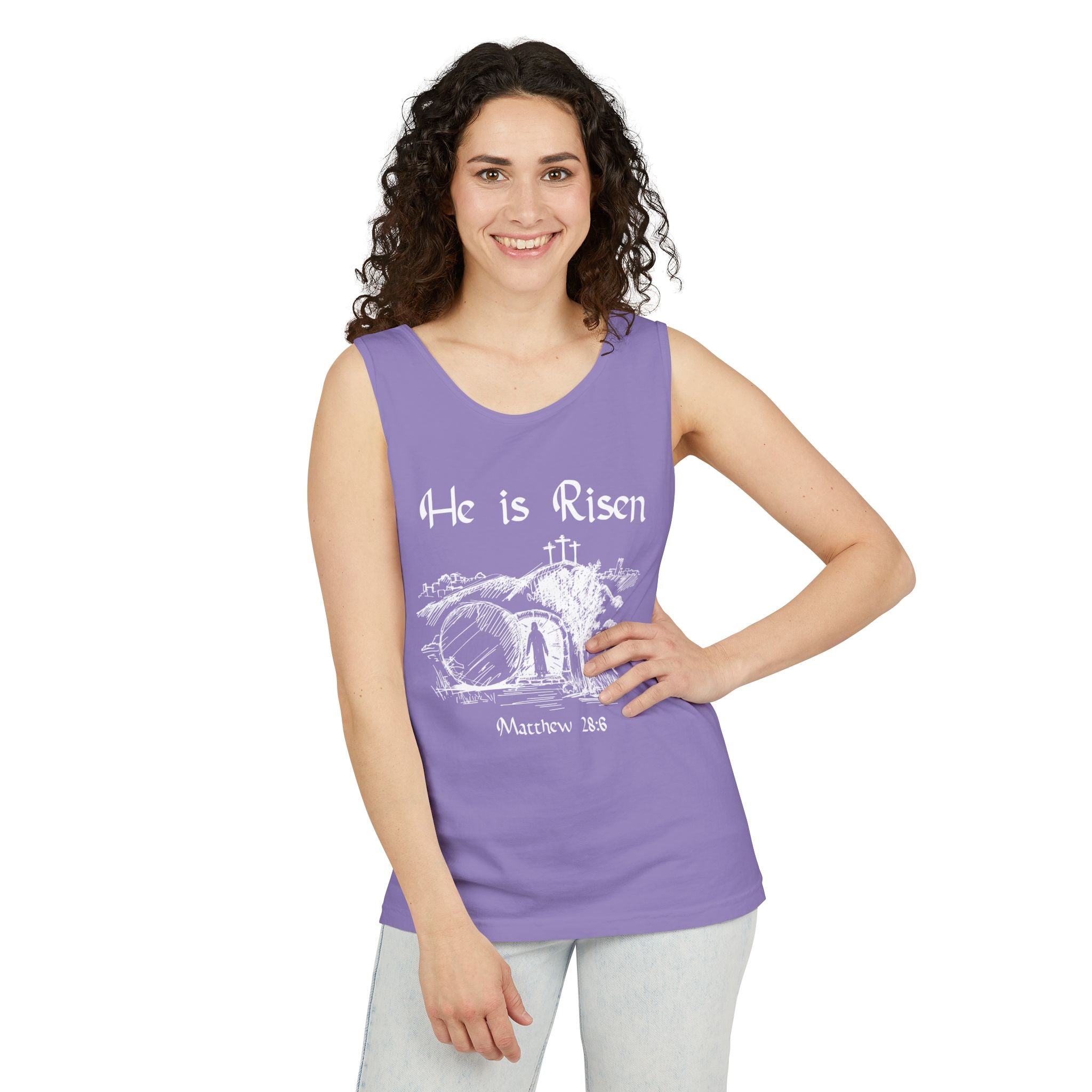 He Is Risen Unisex Relaxed Fit Tank Top, Christian Church Apparel, Easter Sunday Clothing, Faith-Based Graphic Tee