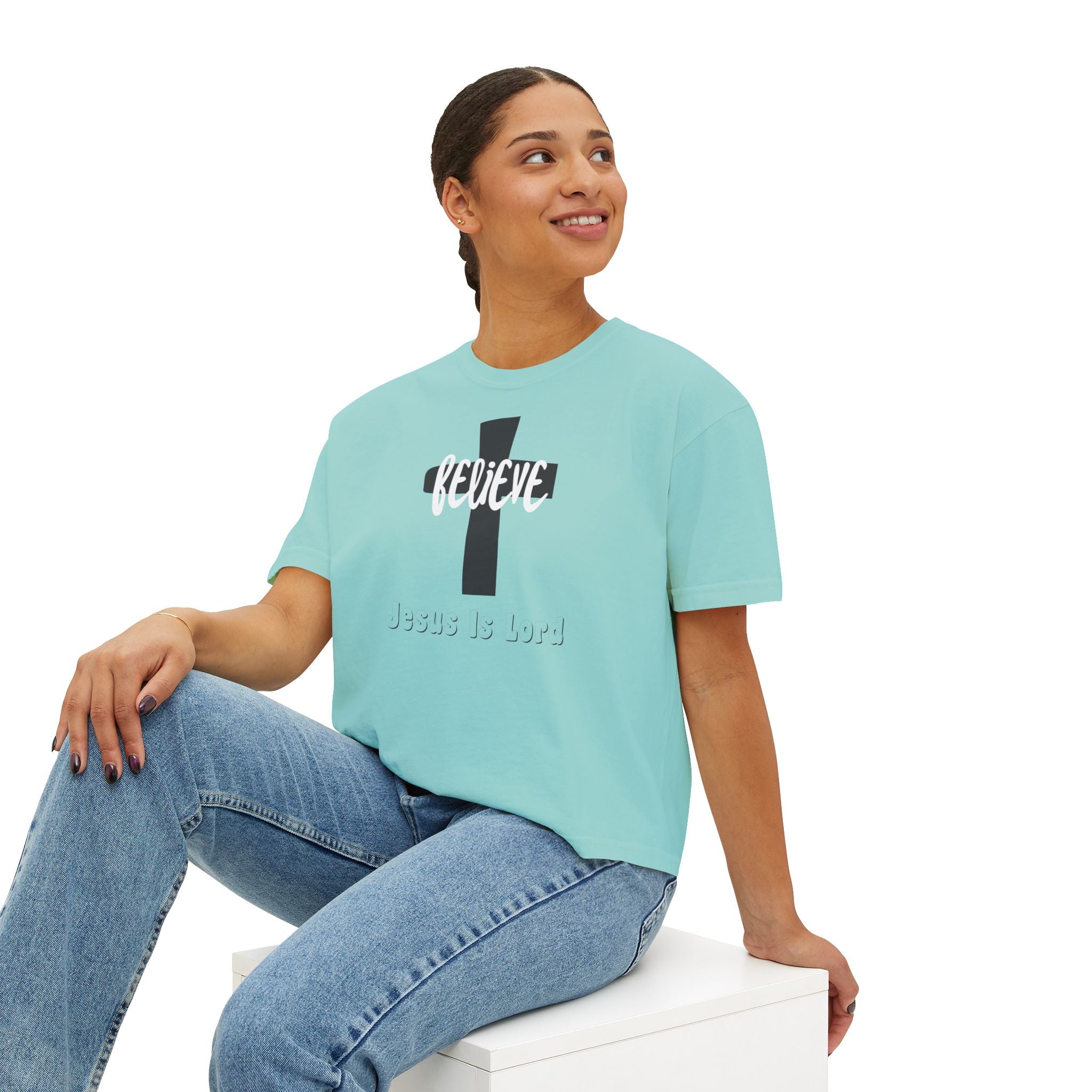 Believe Jesus Is Lord Women's Boxy Tee, Christian T-Shirt, Trendy Faith Apparel, Believer's Gift, Casual Cross Tee, Everyday Wear