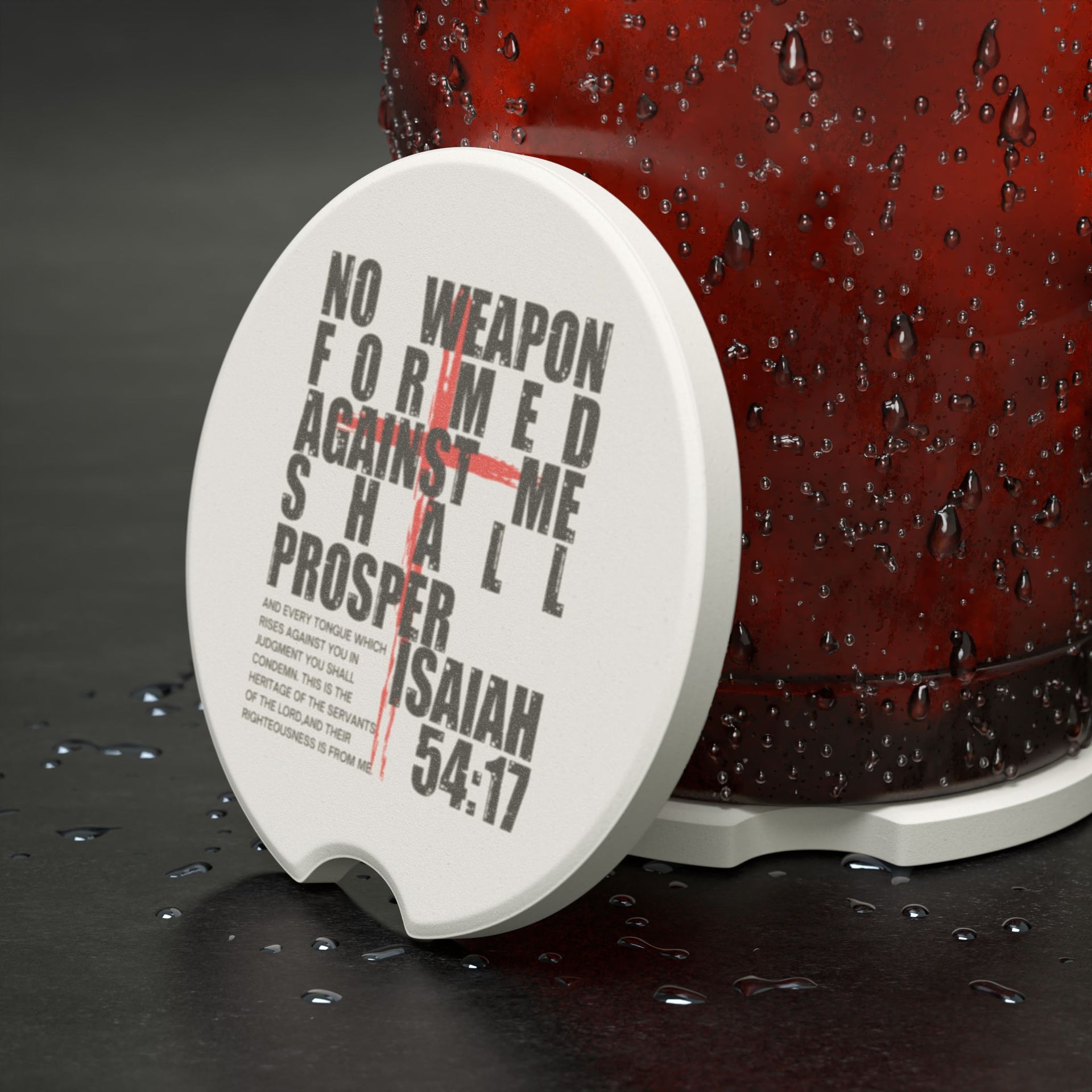Isaiah 54:17, No Weapon Formed Against Me Soapstone Car Coaster - My Faith My Father