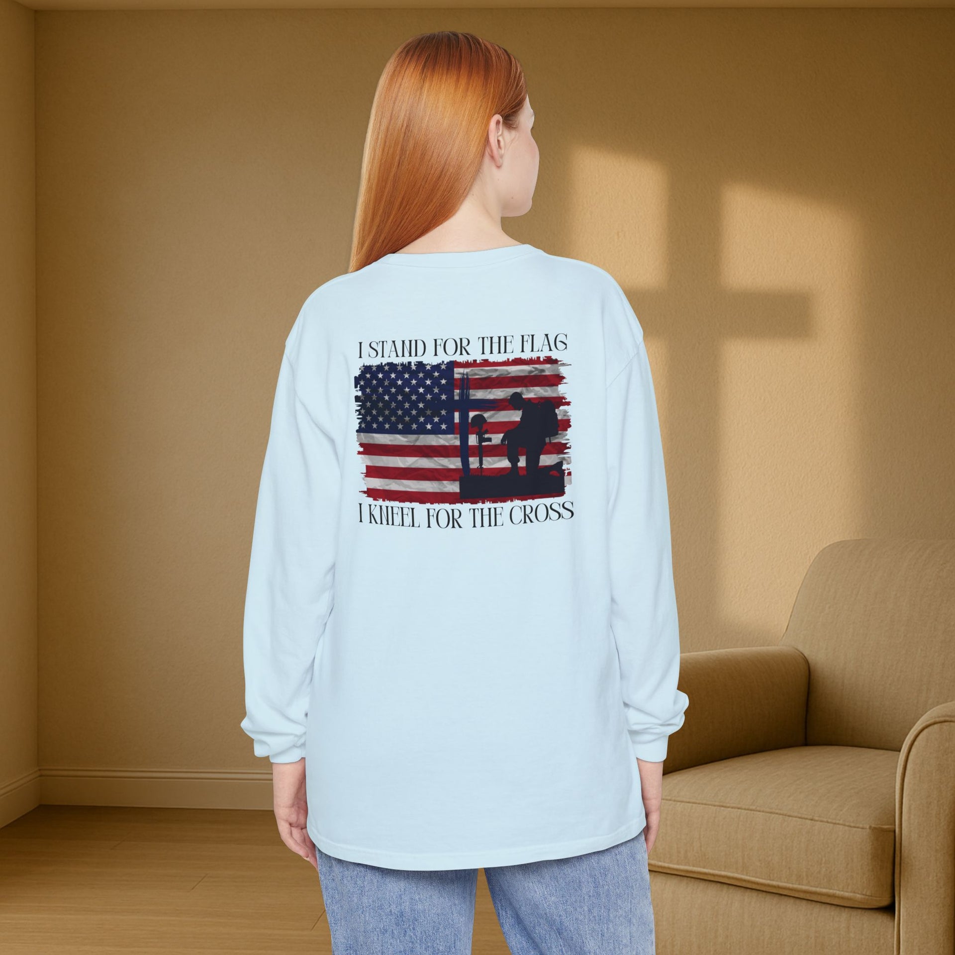I Stand for the Flag, I Kneel for the Cross Unisex Relaxed Fit Long Sleeve T-Shirt - My Faith My Father