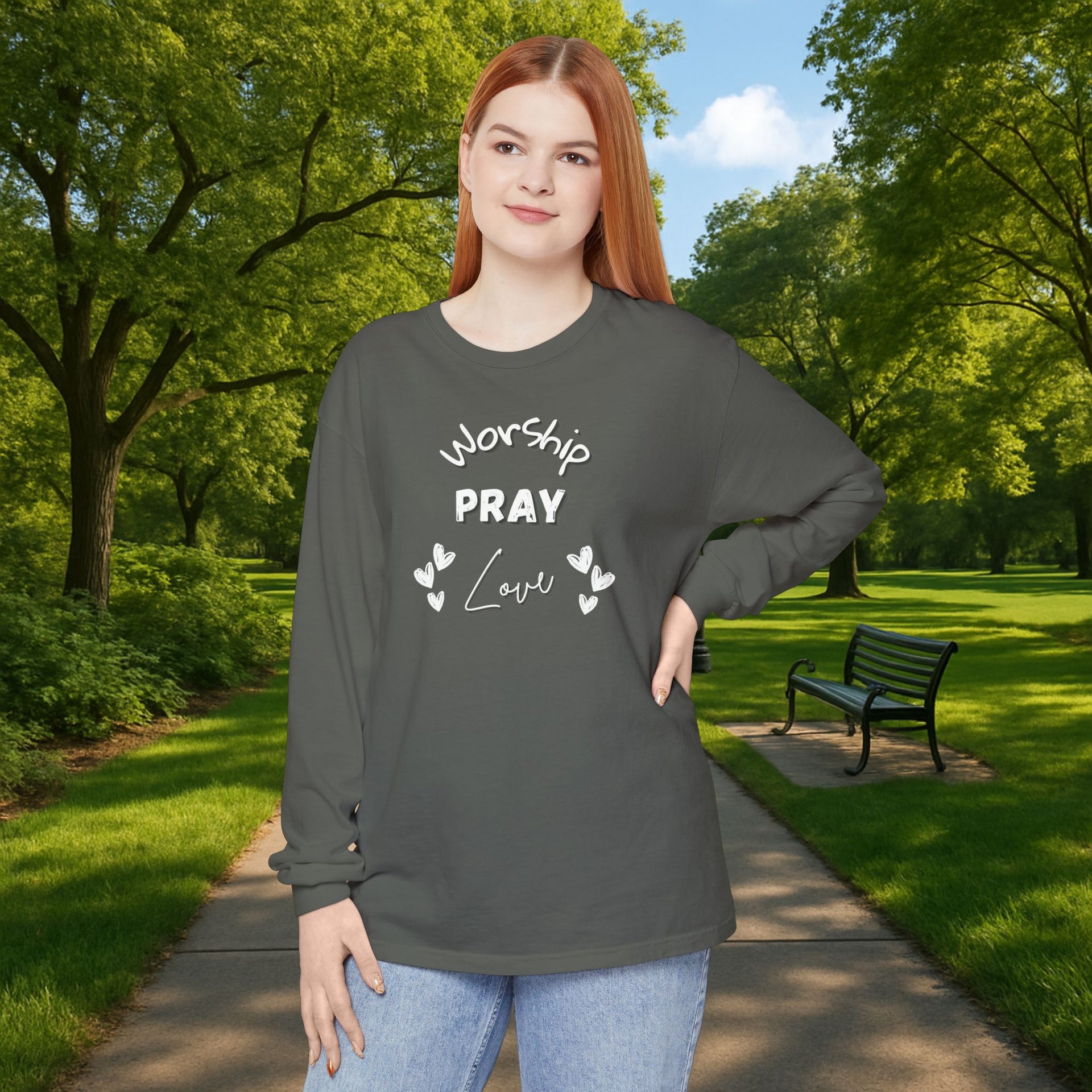 Worship, Pray, Love Unisex Relaxed Fit Long Sleeve T-Shirt - My Faith My Father