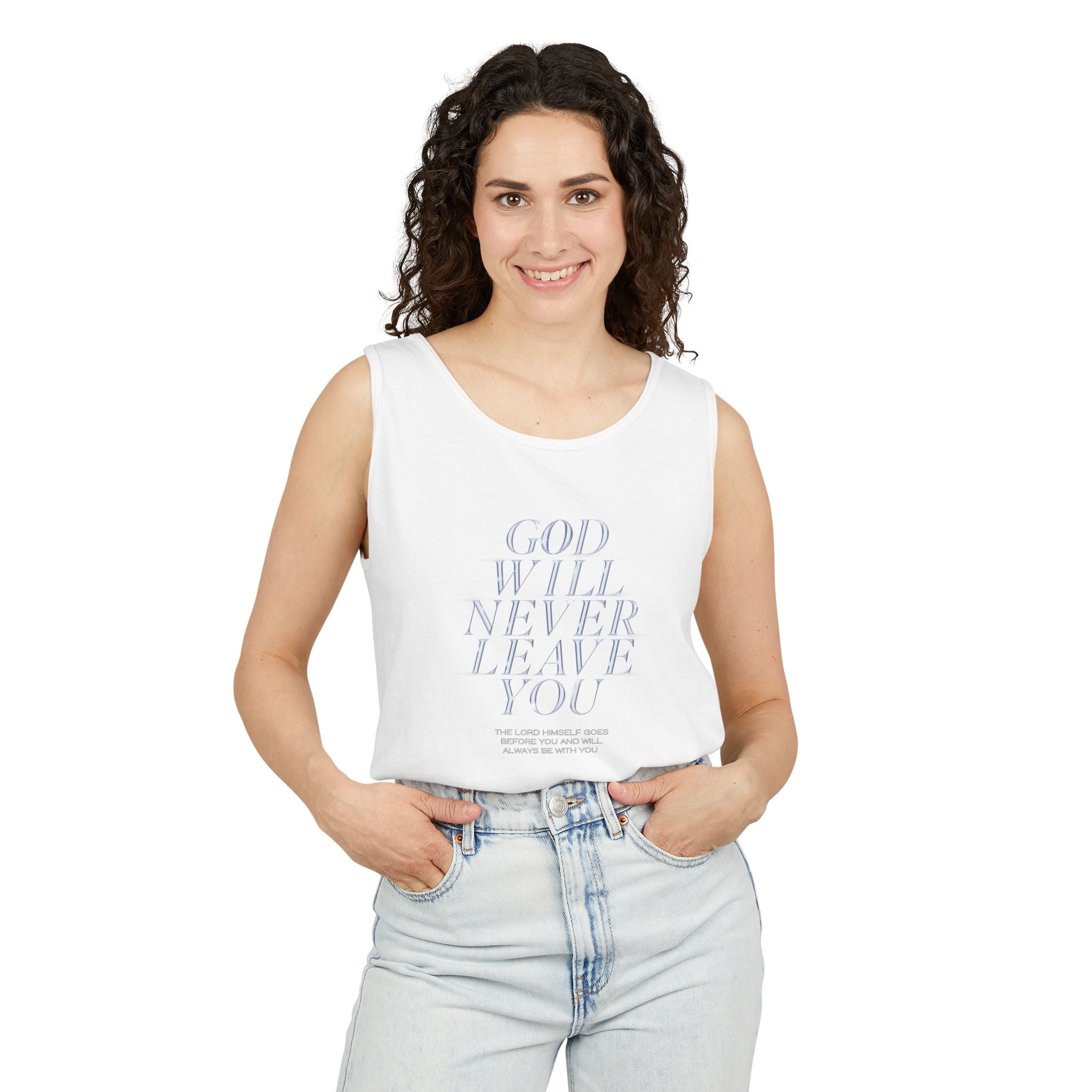 God Will Never Leave Unisex Relaxed Fit Tank Top, Religious Tank Top, Faithful Muscle Tank, Christian Apparel, Inspirational Workout Shirt