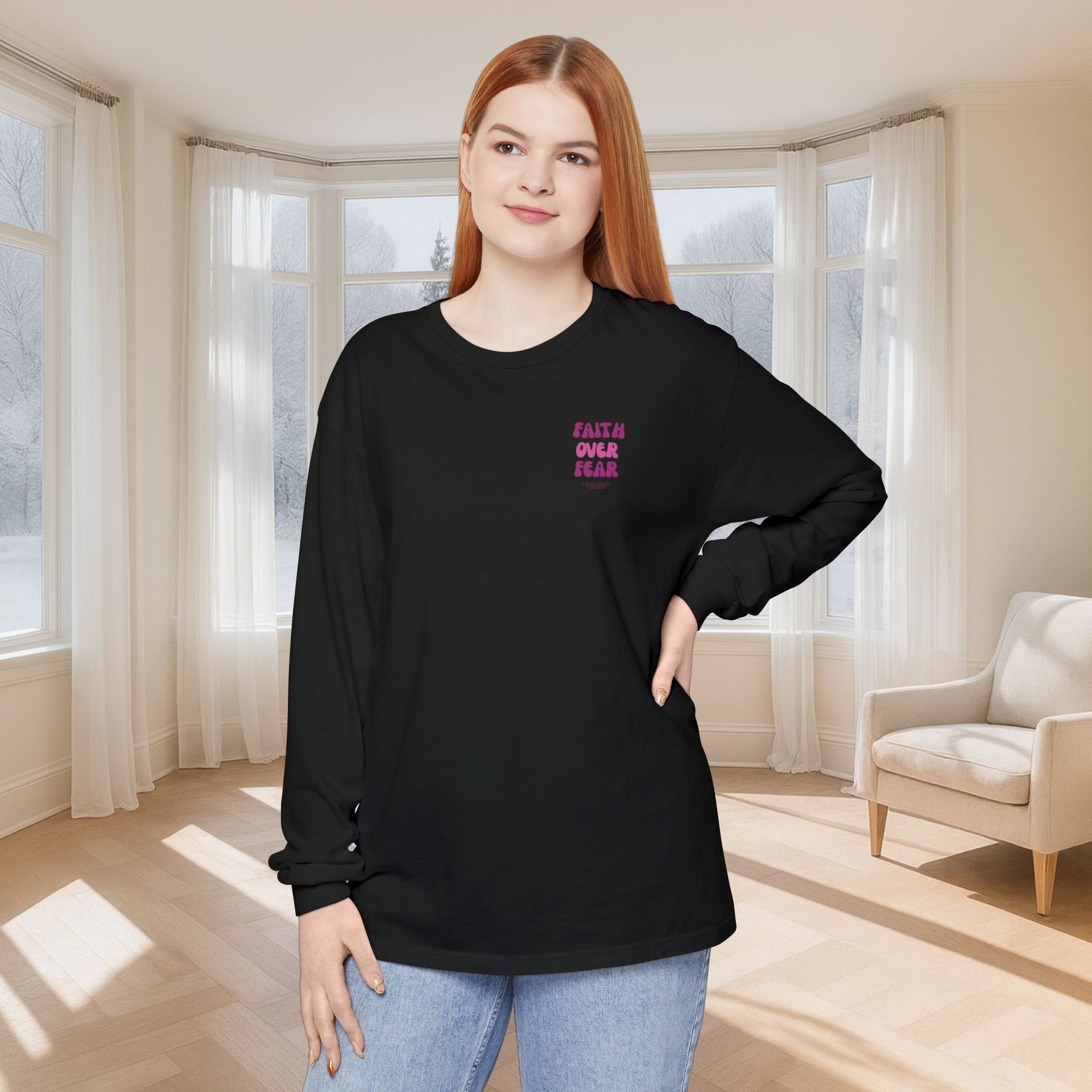 Faith Over Fear Pink Unisex Relaxed Fit Long Sleeve T-Shirt - My Faith My Father