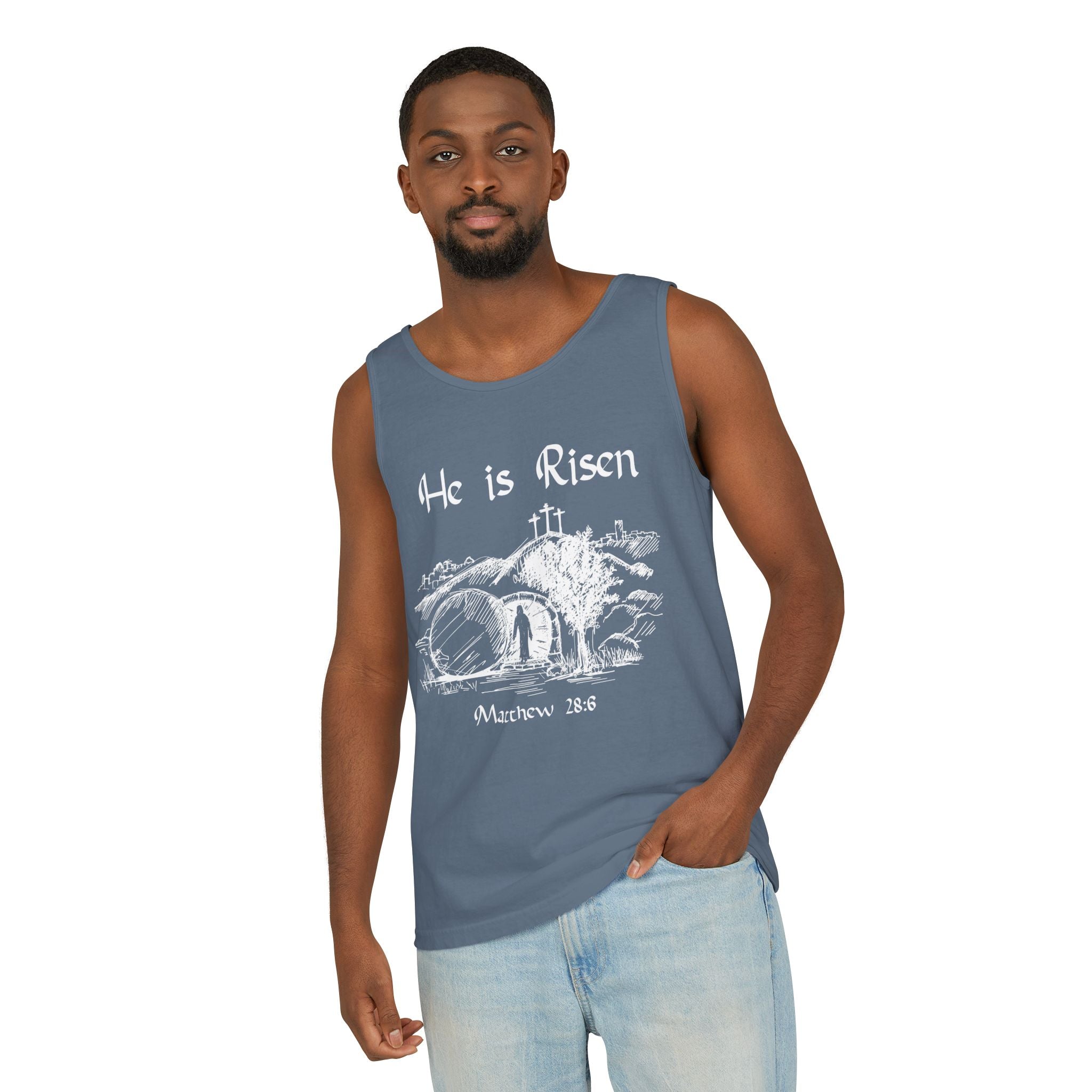He Is Risen Unisex Relaxed Fit Tank Top, Christian Church Apparel, Easter Sunday Clothing, Faith-Based Graphic Tee