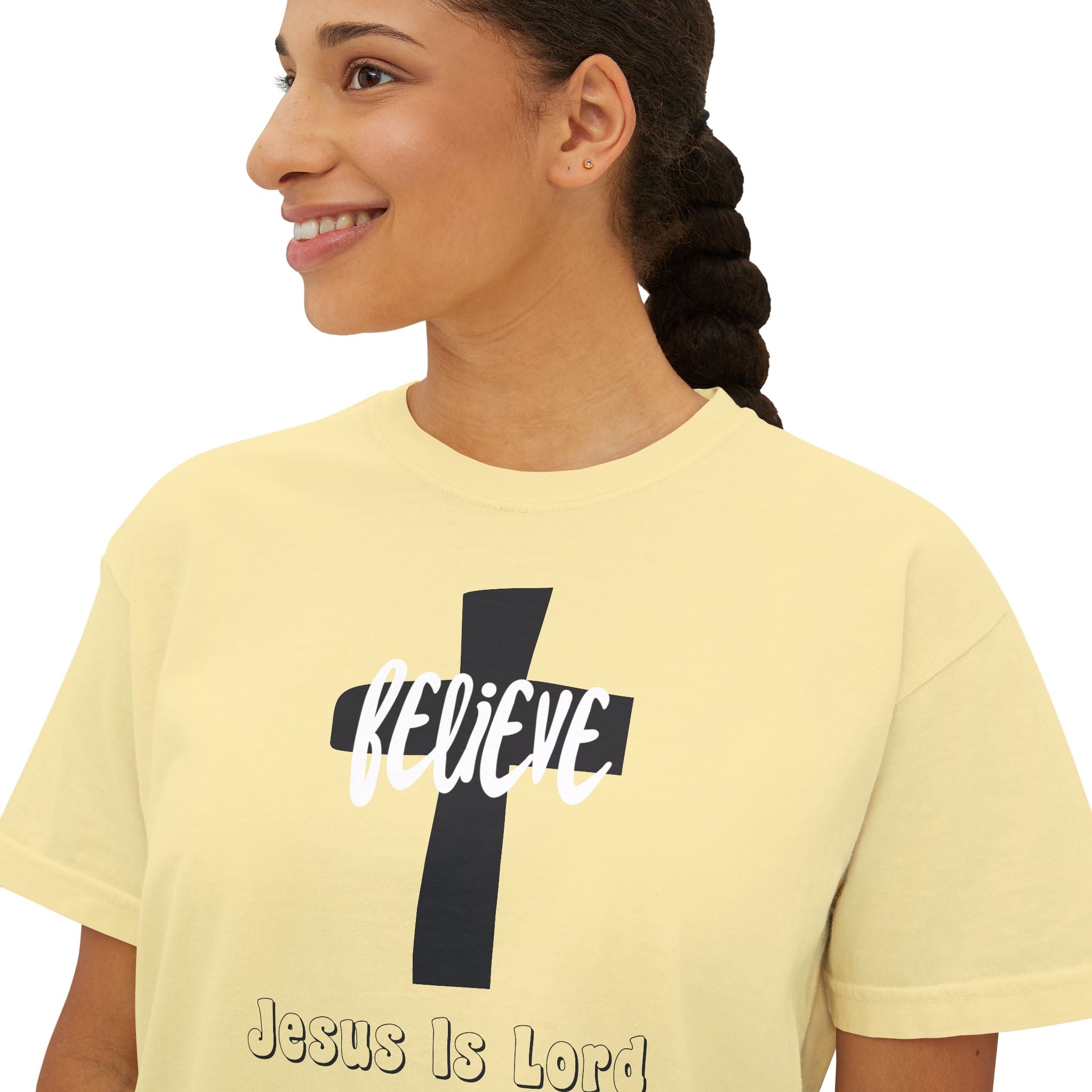 Believe Jesus Is Lord Women's Boxy Tee, Christian T-Shirt, Trendy Faith Apparel, Believer's Gift, Casual Cross Tee, Everyday Wear