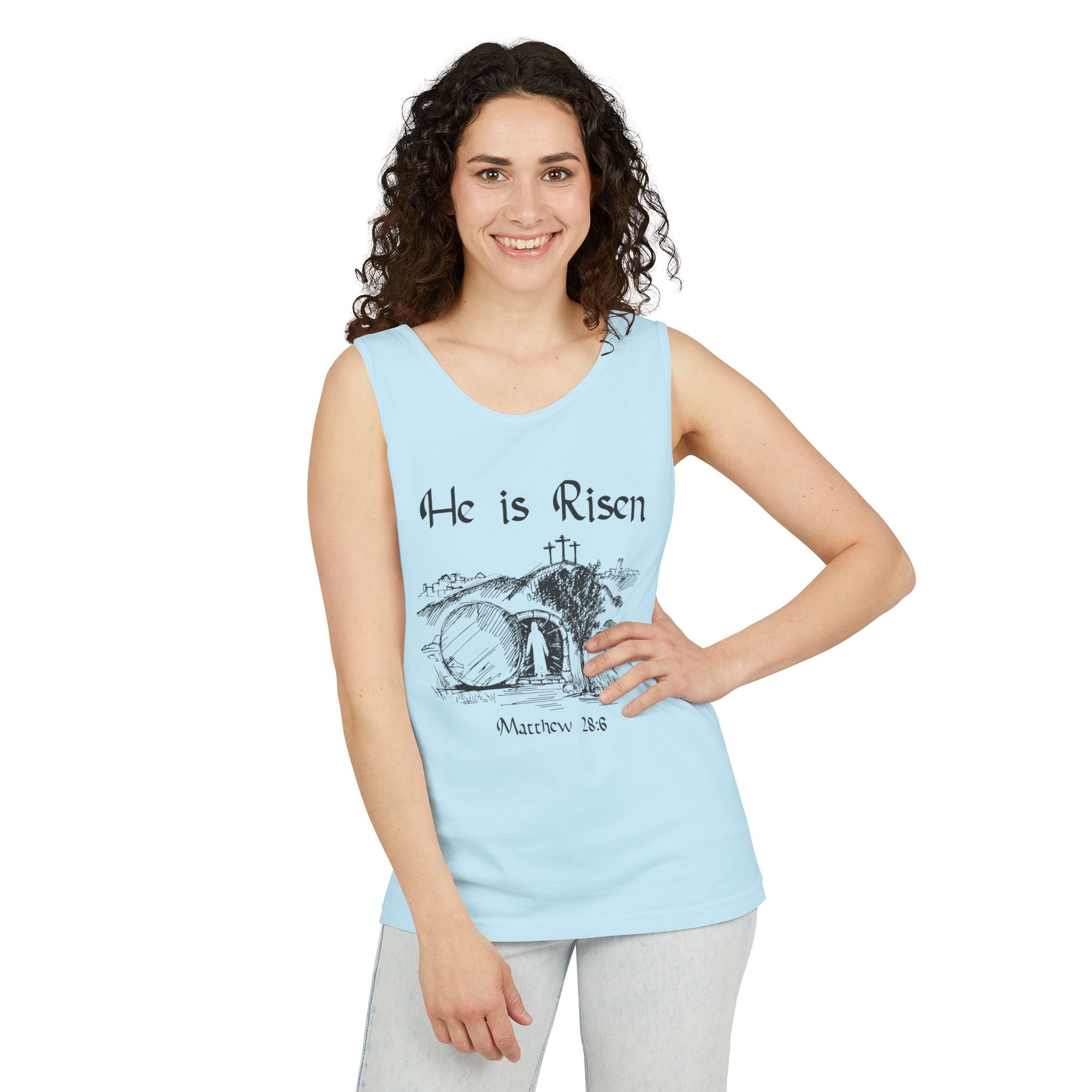 He Is Risen Unisex Relaxed Fit Tank Top, Christian Church Apparel, Easter Sunday Clothing, Faith-Based Graphic Tee