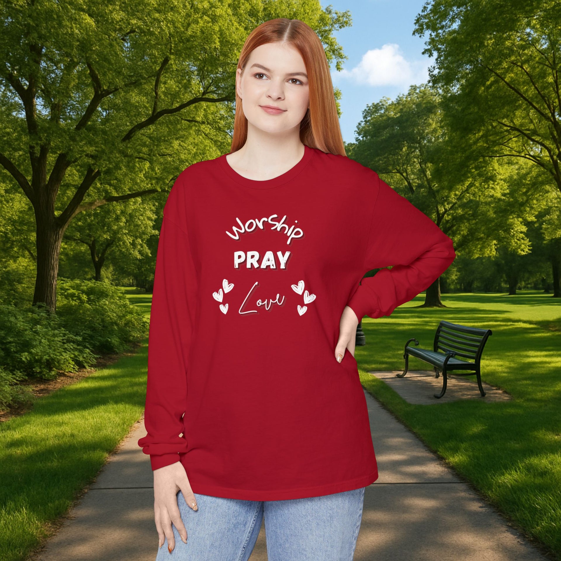 Worship, Pray, Love Unisex Relaxed Fit Long Sleeve T-Shirt - My Faith My Father