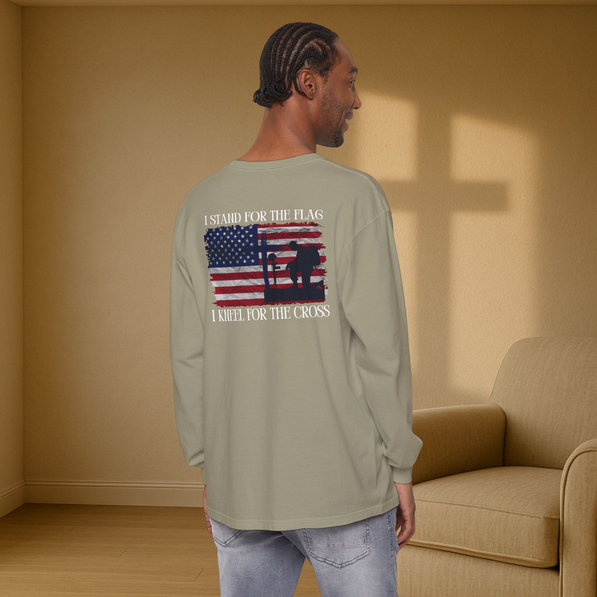 I Stand for the Flag, I Kneel for the Cross Unisex Relaxed Fit Long Sleeve T-Shirt - My Faith My Father