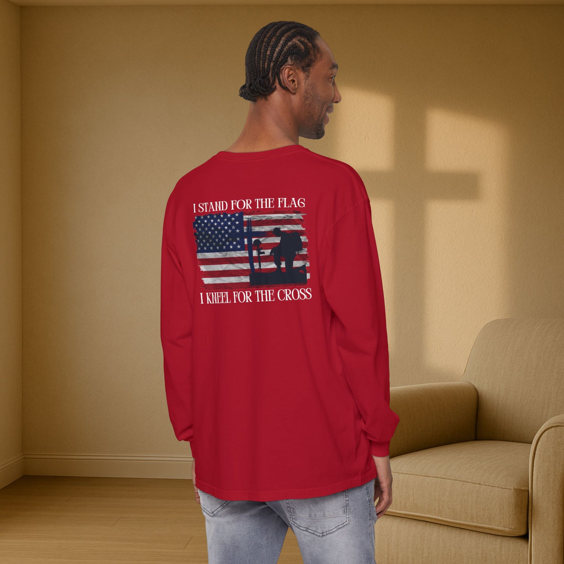 I Stand for the Flag, I Kneel for the Cross Unisex Relaxed Fit Long Sleeve T-Shirt - My Faith My Father