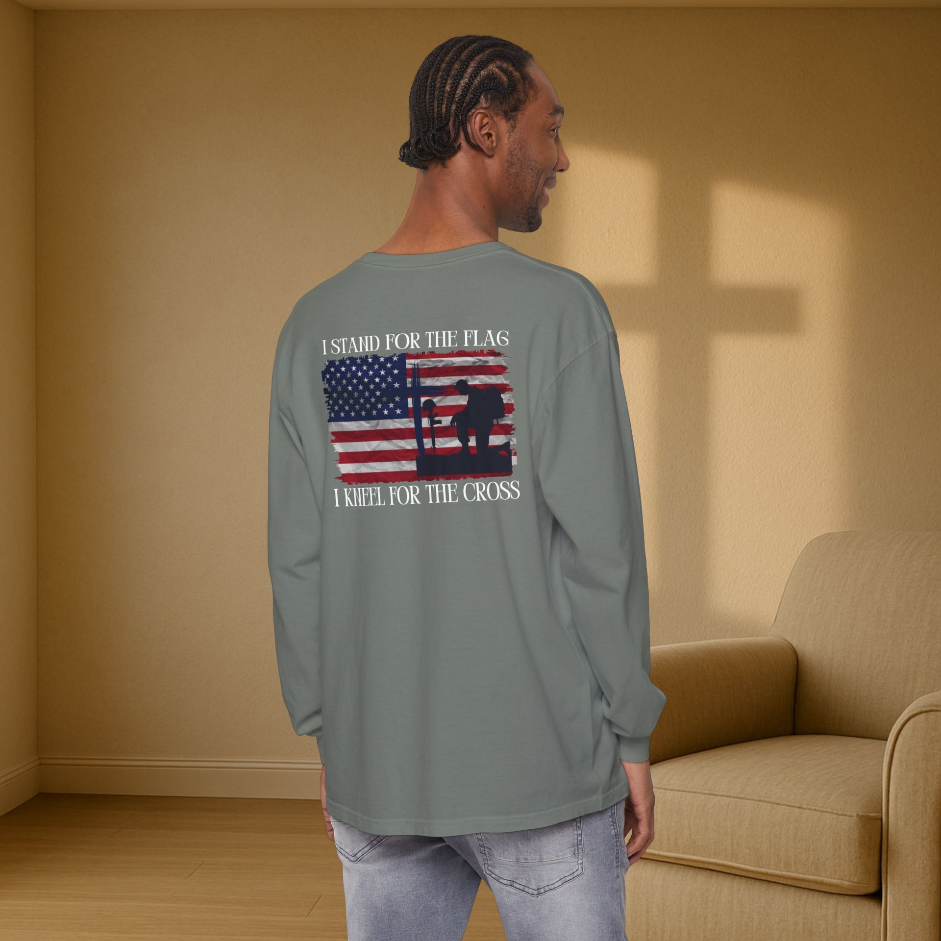 I Stand for the Flag, I Kneel for the Cross Unisex Relaxed Fit Long Sleeve T-Shirt - My Faith My Father