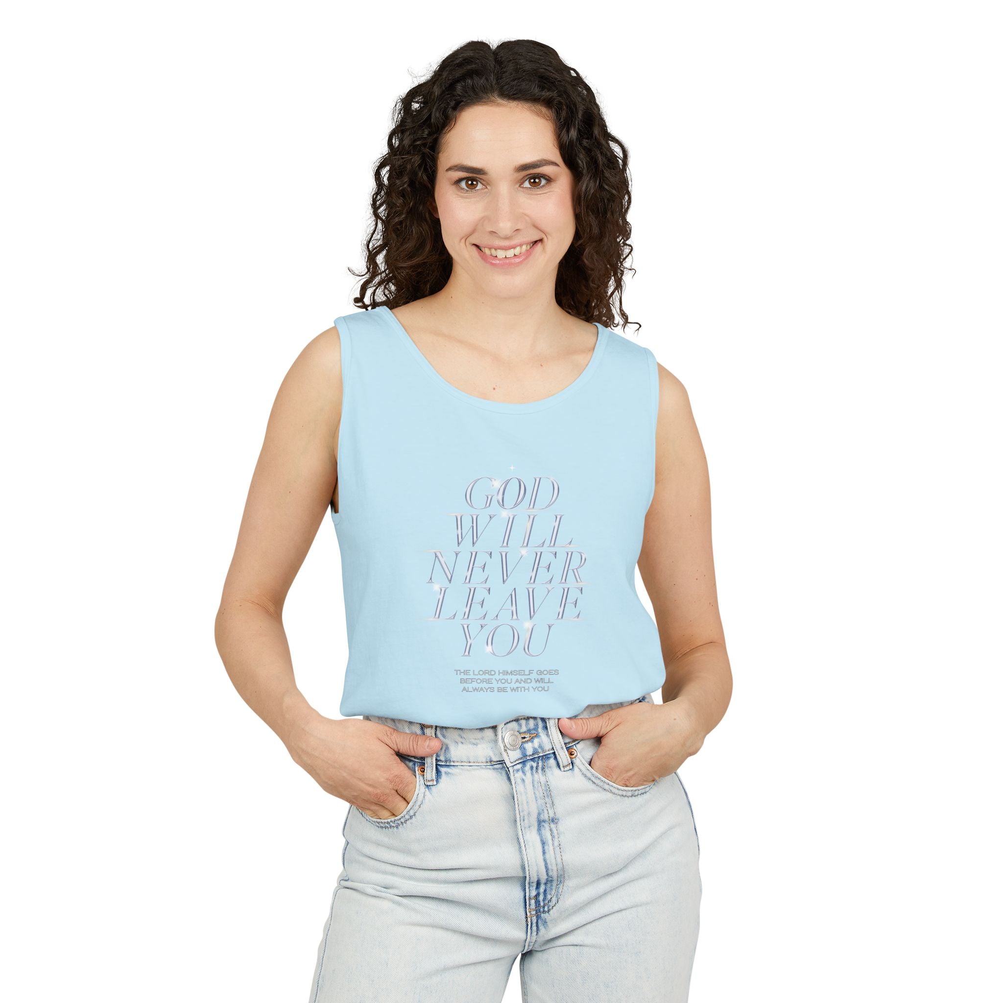 God Will Never Leave Unisex Relaxed Fit Tank Top, Religious Tank Top, Faithful Muscle Tank, Christian Apparel, Inspirational Workout Shirt
