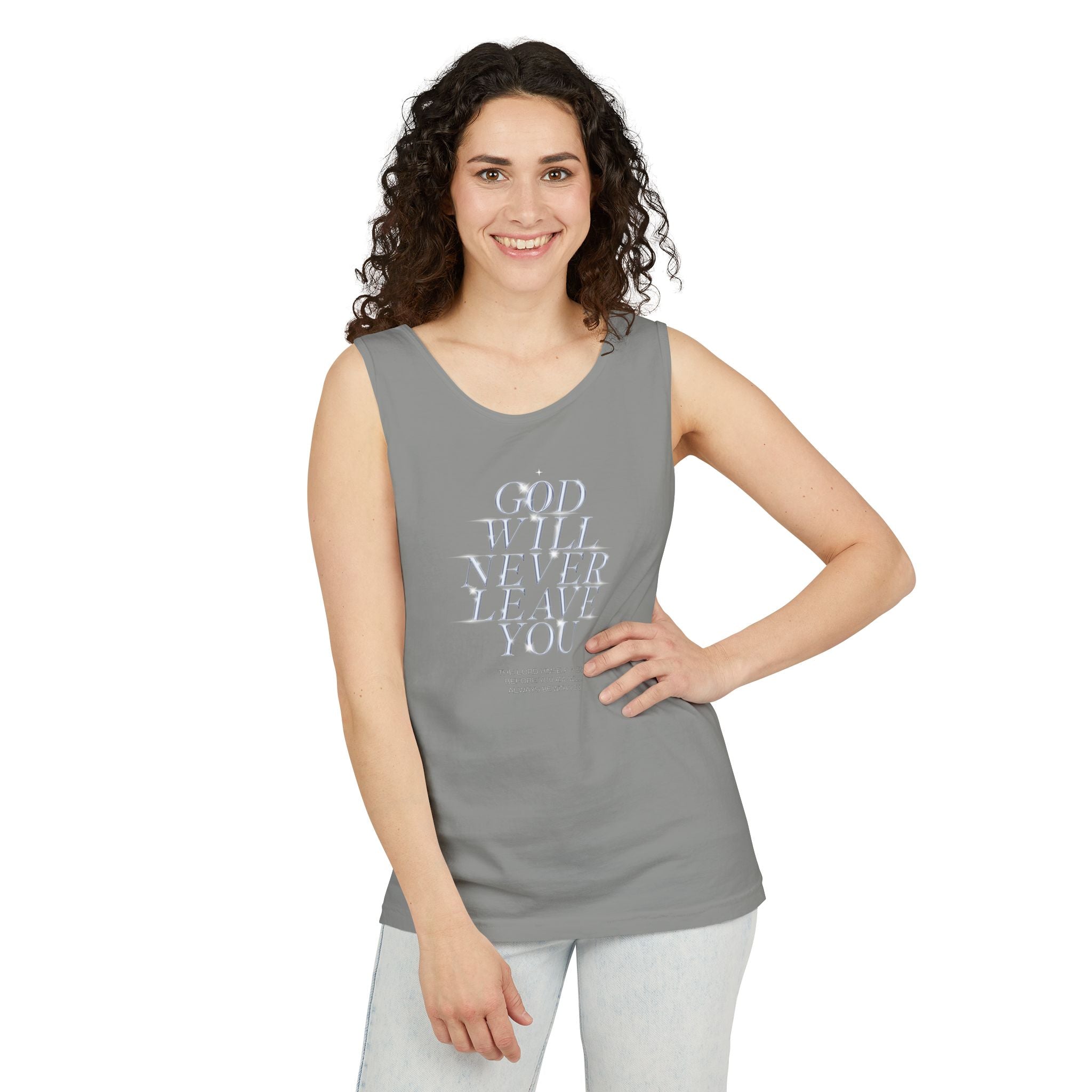 God Will Never Leave Unisex Relaxed Fit Tank Top, Religious Tank Top, Faithful Muscle Tank, Christian Apparel, Inspirational Workout Shirt