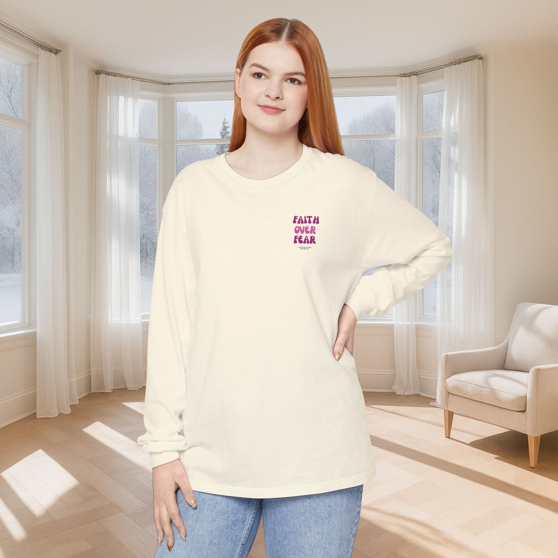 Faith Over Fear Pink Unisex Relaxed Fit Long Sleeve T-Shirt - My Faith My Father