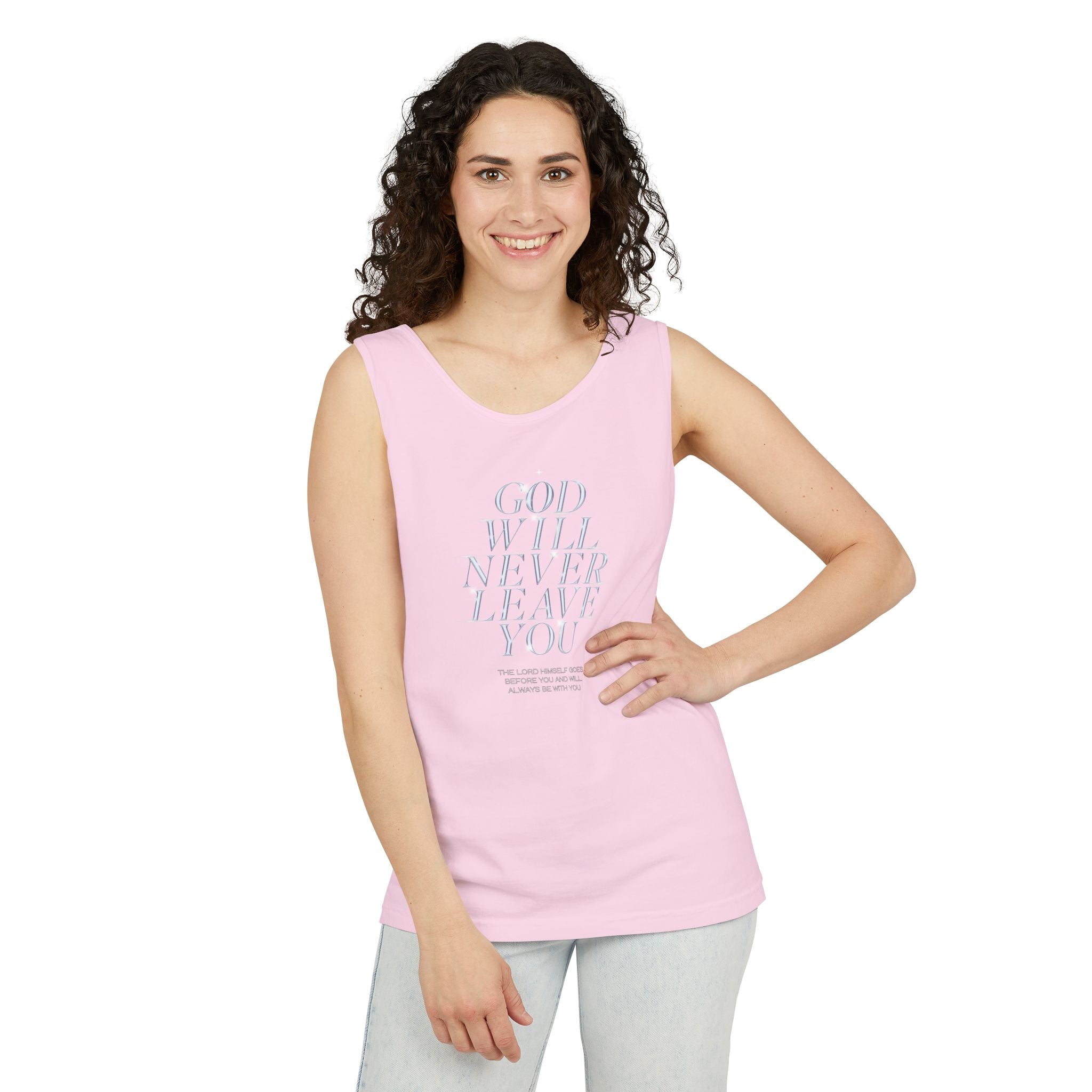 God Will Never Leave Unisex Relaxed Fit Tank Top, Religious Tank Top, Faithful Muscle Tank, Christian Apparel, Inspirational Workout Shirt